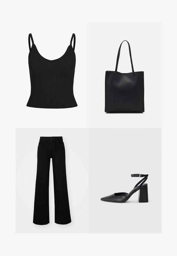 Must mustriba top õhukeste rihmadega, V-kaelus, sobiv vorm ja tekstureeritud kangas. Kuvatud ei ole täiendavaid mustreid ega aktsente.; Mustad mustad püksid, mis on valmistatud denimist, struktuurse vöökohtade, vöökootidega ja esikottidega. Sile tekstuur klassikalise disainiga.; Mustmustest must-käigukingad, millel on konksuga nöör ja paks konts. Ühtlane tekstuur, stiilne disain ja minimalistlik esteetika.; Mustast nahast kott sujuva tekstuuriga, ristkülikukujuline ja kahe pika sangaga. Pole nähtavat riistvara ega kaunistusi.