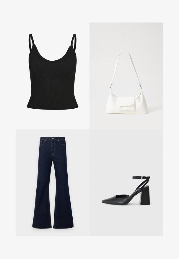 Juodas briaunotas tankinis su plonomis petnešomis, V formos iškirpte, prigludusio silueto ir tekstūruotu audiniu. Nėra papildomų raštų ar akcentų.; Tamsiai mėlynos platėjančios džinsinės kelnės su aukštu liemeniu, priekiniu kišenėmis ir auksinėmis siūlėmis. Lygus paviršius su tradiciniu kirpimu.; Juoda odinė smailiagalė aukštakulnio bateliai su kulkšnies dirželiu ir storu kulnu. Lygus paviršius, elegantiškas dizainas ir minimalistiška estetinė. ; Balta sintetinė rankinė trikampio formos, plokščiu priekiu su užsegimu, kaspino detale, reguliuojama dirželiu, lygia tekstūra ir minimalistišku dizainu.