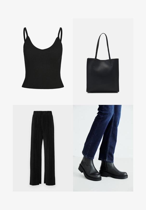 Črn rebrast top z tankimi naramnicami, v izrezom v obliki črke V, oprijetega kroja in teksturirane tkanine. Ni vidnih dodatnih vzorcev ali okrasnih elementov.; Črne plisirane hlače z elastičnim pasom. Imajo široke noge in gladko, teksturirano tkanino z navpičnimi črtami.; Črne usnjene gležnjarje z debelim podplatom in stranskimi elastičnimi paneli, v kombinaciji s temno modrimi kavbojkami. Tla so svetle barve.; Črna usnjena torba s svilnato teksturo, pravokotne oblike in dvema dolgima ročajema. Brez vidnih metalnih delov ali okrasnih elementov.