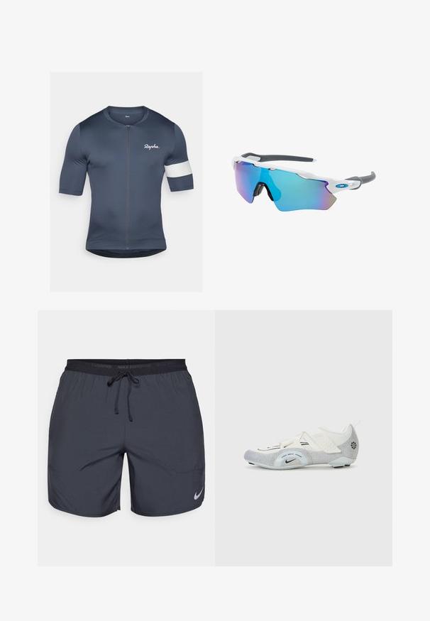 Kratkām piedurknēm velosipēdistu džersijs tumši zilā krāsā, izgatavots no elastīga auduma. Iekļauj priekšu ar rāvējslēdzēju un baltu akcentu uz kreisās piedurknes.; Nike skriešanas šorti tumši pelēkā krāsā, ar elastīgu jostu un auklu, kā arī sudraba logotipu zem labā kājas apakšdaļā.; Baltas un sudraba velosipēdu apavi ar sietu augšdaļu, strukturātiem akcentiem, regulējamiem siksnām un gumijas zoli, kas nodrošina saķeri un stabilitāti.; Saulesbrilles ar baltu rāmi, pelēkiem akcentiem un ziliem spoguļobjektīviem. Sportisks dizains, apņemjoša forma un regulējami deguna spilventiņi.