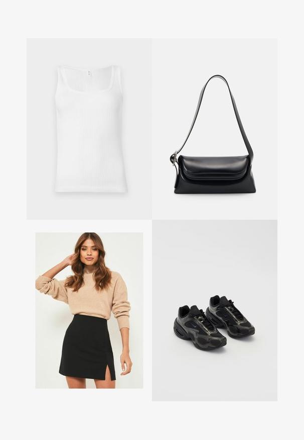 Valkoinen ribbikoosteinen hihaton paita, jossa on suorakulmainen kaula-aukko ja leveät olkaimet. Kangas on tekstuuriin ja joustavuuteen perustuva.; Beige neulepaita, jossa on röyhelöhiha, yhdistetty mustaan mini-hameeseen, jossa on sivuaukko. Asu on rento mutta kuitenkin hyvin istuva.; Musta urheilukengät, joissa on synteettistä materiaalia, verkkomäisiä yksityiskohtia ja pyöristetyt pohjat. Varustettu nauhakiinnityksellä ja näkyvällä Nike-logoilla kengän kielessä.; Musta nahkainen käsilaukku, jossa on jämäkkä muoto, sileä pinta ja yksi olkahihna. Sisältää hienovaraisen, pyöristetyn läppädesignin.; Hopeakotoinen Casio kvartsikello, jossa on suorakaiteen muotoinen kellotaulu, analoogiset ja digitaaliset näytöt, ruostumattomasta teräksestä valmistettu ranneke sekä vedenkestävyysominaisuudet.