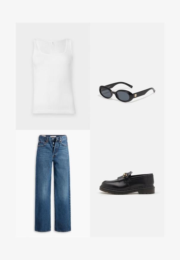 White ribbed tank top featuring a rectangular neckline and wide shoulder straps. The fabric has a textured, stretchy appearance.; Blue denim jeans with a wide-leg design, five pockets, button fly, and contrasting stitching. Textured fabric with a faded finish.; Black leather loafers with a rounded toe, decorative fringe, and gold hardware accent. Thick rubber sole for added traction and durability.; Black oval sunglasses with dark lenses, glossy plastic frame, wide arms, and a small gold accent on one side.; Black leather handbag with a curved design, featuring a detachable strap and silver hardware accents. Smooth texture with a subtle logo.