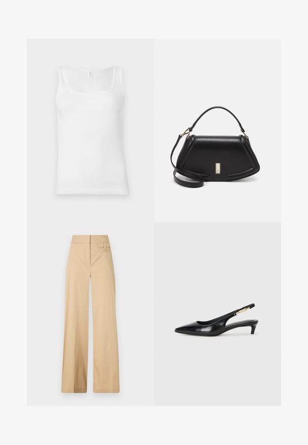 White ribbed tank top featuring a rectangular neckline and wide shoulder straps. The fabric has a textured, stretchy appearance.; Beige wide-leg pants made of cotton blend fabric. Features a smooth texture, elastic waistband, and a side button detail.; Black leather slingback heels with a pointed toe, featuring a slim heel and a gold-tone accent on the adjustable strap. Smooth texture.; Black leather handbag with a structured design, featuring a cropped shape, top handle, and gold hardware accent. Adjustable shoulder strap included.