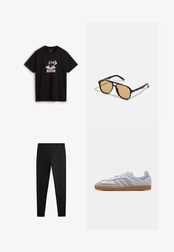 Vans DOWN THE RABBIT HOLE - T-shirt print - black; Zwarte leggings van gladde, rekbare stof. Voorzien van een brede tailleband en een taps toelopend pootdesign, geschikt voor actieve of casual kleding.; Witte leren sneakers met lichtblauwe accenten, grijs suède neus en een bruine rubberen zool. Voorzien van drie blauwe strepen en "Samba"-branding.; Zwarte zonnebril met bruin getinte lenzen; rechthoekige vorm met een dikke rand, inclusief subtiele hardware accenten op de veertjes.