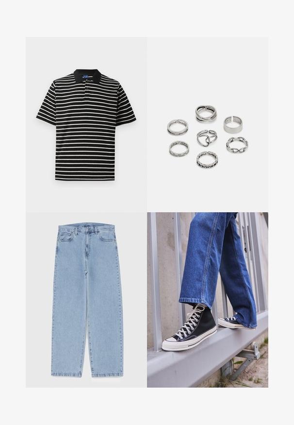 Zwart-wit gestreepte polo met korte mouwen, een zwarte kraag en drie knopen bij de hals. Zachte stoftextuur.; Lichtblauwe denim jeans met een recht model, voorzien van een middelhoge taille, vijf zakken en een knoop- en ritssluiting.; Zwarte hoge sneakers met witte zool en veters, gecombineerd met losse blauwe denim jeans, rustend op een grijze leuning.; Set van zeven zilveren ringen met verschillende ontwerpen, waaronder gedraaide, verbonden en gegraveerde patronen. Verschillende vormen en breedtes.