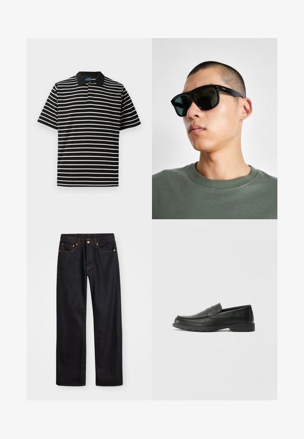 Polo majica z kratkimi rokavi v črno-beli črti, s črnim ovratnikom in tremi gumbi na vratu. Mehka tekstura blaga.; Moške črne kavbojke ravnega kroja z petimi žepi in oranžnim šivanjem, z gumbom in zadrgo na sprednjem pasu.; Črne usnjene loafer čevlje z gladko površino, zgornjim delom v slogu mokasin, šivanimi detajli in gumijastim podplatom. Klasična zasnova z nizko peto.; Črne pravokotne sončna očala s temnimi lečami, ki imajo značilno obliko in blagovno znamko na ročaju. Nosijo jih oseba v zeleni majici.