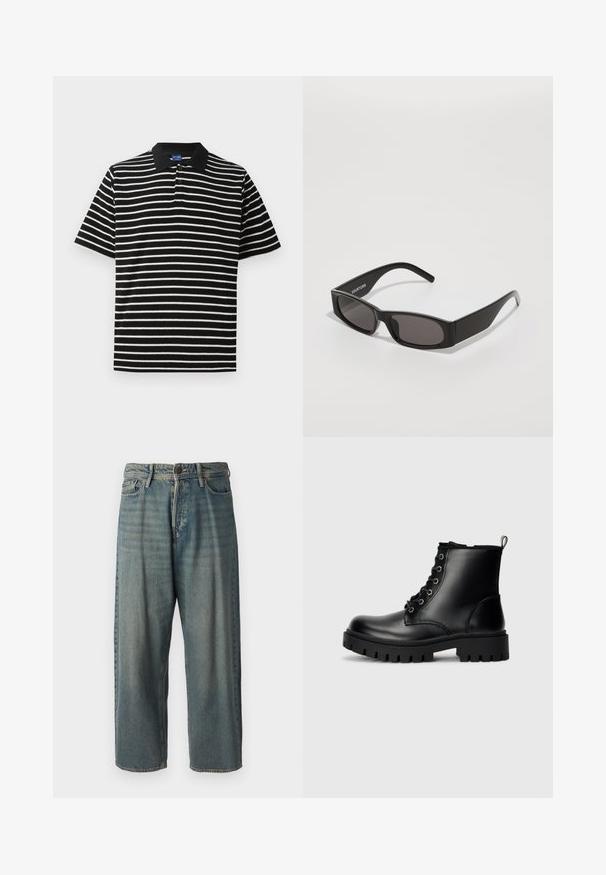 Musta-valkoinen raidallinen t-paita lyhyillä hihoilla, musta kaulus ja kolme nappia kauluksessa. Pehmeä kankaan rakenne.; Vaaleansiniset farkut, joissa on väljä istuvuus, keskikorkea vyötärö ja suorat lahkeet. Ominaisuuksiin kuuluvat viisi taskua, vyölenkit ja nappisulku.; Mustat nahka nilkkasaappaat, joissa on pyöreä varvas, nauhakiinnitys ja kova, paksu pohja. Varressa on vetotappi ja hopeiset yksityiskohdat.; Mustat suorakulmaiset aurinkolasit tummilla linsseillä, sileä muovikehys ja hienovarainen logo vasemmassa varressa. Minimalistinen muotoilu.