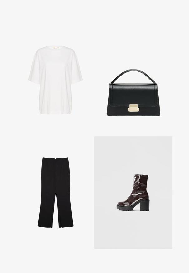 Vit kortärmad t-shirt i mjuk bomull. Har en rund halsringning och subtil logotypdetalj på vänster bröst. Rakt passform.; Svarta byxor med rak passform, utrustade med framfickor och sidoklyvningar vid fållen. Tillverkade av mjukt, slätt tyg. Lämpliga för olika tillfällen.; Glansig bordeauxfärgad ankelsko med en kraftig svart klack, som har en slät yta och enkel design. Inga synliga stängningar eller mönster.; Svart läderhandväska med en strukturerad design, handtag upptill och en detalj i guldmetalllås på framsidan. Slät yta, minimal sömnad.