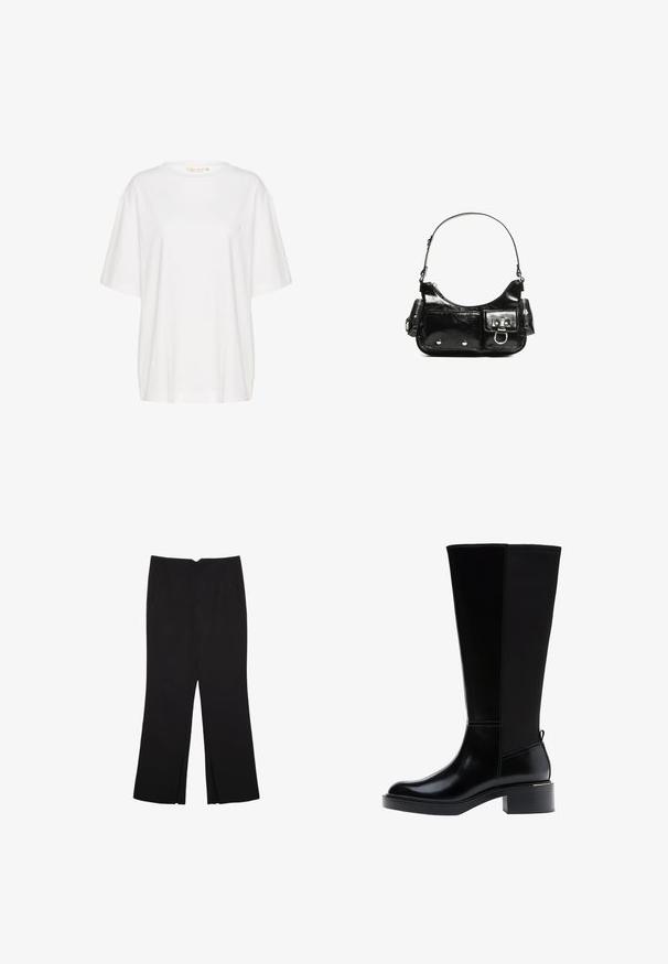 Weißes T-Shirt mit kurzen Ärmeln, aus weichem Baumwollstoff. Mit rundem Ausschnitt und dezentem Logo-Detail auf der linken Brust. Gerader Schnitt.; Schwarze Hose mit geradem Schnitt, ausgestattet mit Fronttaschen und Seitenschlitzen am Saum. Hergestellt aus weichem, glattem Stoff. Geeignet für verschiedene Anlässe.; Schwarzer kniehoher Stiefel aus glattem Leder, mit markanten Nähten, klobigem Absatz und einer strukturierten Rückseite für zusätzlichen Akzent.; Schwarze Lackleder-Handtasche mit geschwungenem Design, einem Schulterriemen, Vordertaschen und silberfarbenen Hardware-Akzenten.