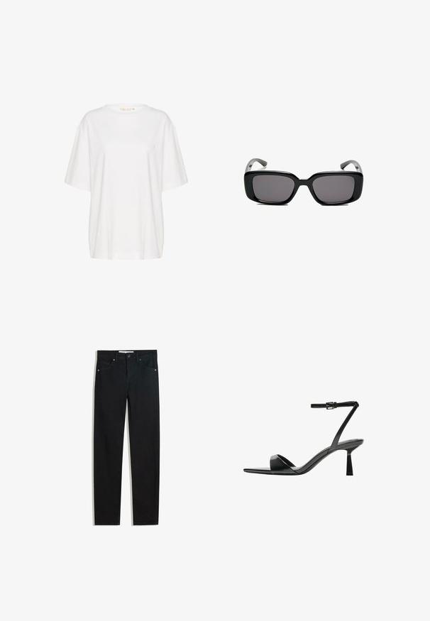 Vit kortärmad t-shirt i mjuk bomull. Har en rund halsringning och subtil logotypdetalj på vänster bröst. Rakt passform.; Svarta denimbyxor med rak bendesign, fem fickor, metallknappstängning och subtila sömmar. Slät textur.; Bershka Sandaletter - black; Svarta rektangulära solglasögon med mörka linser, slimmad plastbåge och böjda tempel. Designen är kraftig med en minimalistisk estetik.