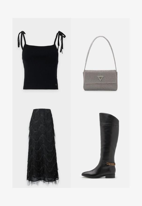 Zwarte geribbelde crop top met verstelbare strikbanden. Gladde textuur, aangesloten ontwerp en subtiel logo-detail rechts onderaan.; Zwarte midi rok met gelaagde franjes en golvenpatronen. Gemaakt van doorschijnend materiaal met sprankelende accenten langs de randen.; Hoge zwarte leren laarzen met een slank ontwerp, spitse neus en een gouden kettingaccent bij de enkel. Lage blokhak. Glad textuur.; Lichtgrijze metallic handtas met een kettingriem, versierd met kleine ronde metallic studs en een driehoekig merkimago.