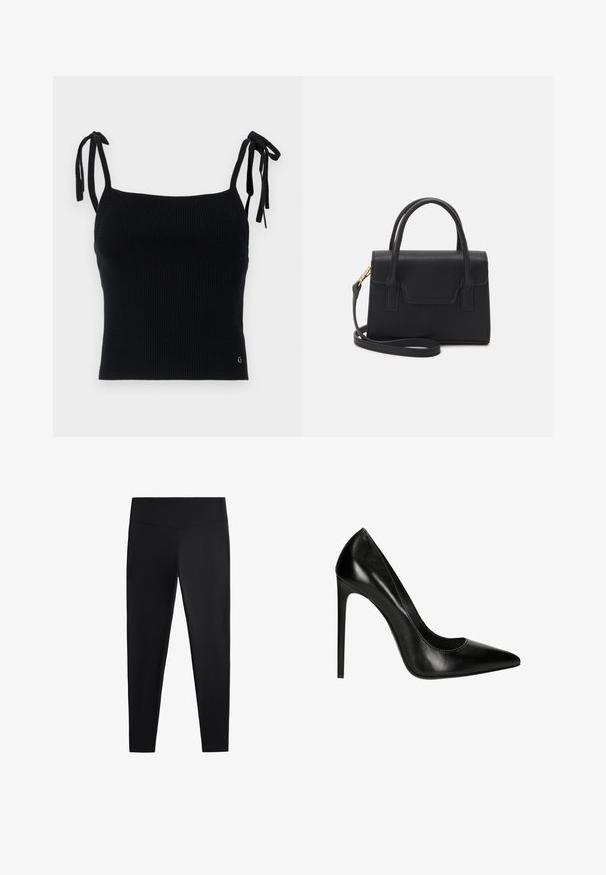 Czarny, prążkowany crop top z regulowanymi sznurkami. Gładka tekstura, dopasowany krój i subtelny detal z logo w prawym dolnym rogu.; Czarne legginsy wykonane z gładkiego, elastycznego materiału. Posiadają szeroki pas oraz zwężany krój nogawek, odpowiednie zarówno do aktywności fizycznej, jak i na co dzień.; Czarne skórzane szpilki z ostrym noskiem i gładką fakturą. Charakteryzują się smukłym kształtem i cienkim obcasem.; Czarna, strukturalna torebka wykonana ze skóry, z górnym uchwytem, odpinanym paskiem na ramię i detalem w postaci klapy z przodu. Złote akcenty metalowe.