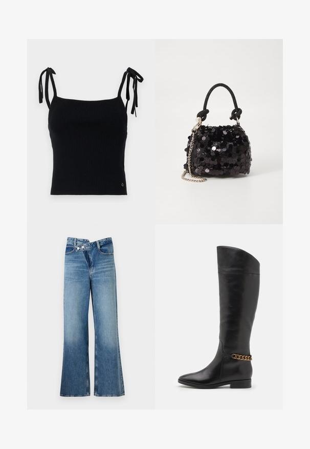 Čierny rebrovaný crop top s nastaviteľnými šnúrkami. Hladká textúra, priliehavý strih a diskrétne logo na spodnom pravom rohu.; Svetlomodré denimové nohavice s rozšírenými nohavicami a vysokým pásom, so dvoma gombíkmi a prednými vreckami. Materiál má vyblednutú textúru s jemnými variáciami.; Vysoké čierne kožené čižmy so štíhlym dizajnom, špicatou špičkou a zlatým reťazovým akcentom na členku. Nízky blokový podpätok. Hladká textúra.; Čierna mini kabelka so štrasom, s uzlovým textúrovaným popruhom a strieborným reťazom. Guľatý tvar s riaseným vrchom a reflexnými detailmi.