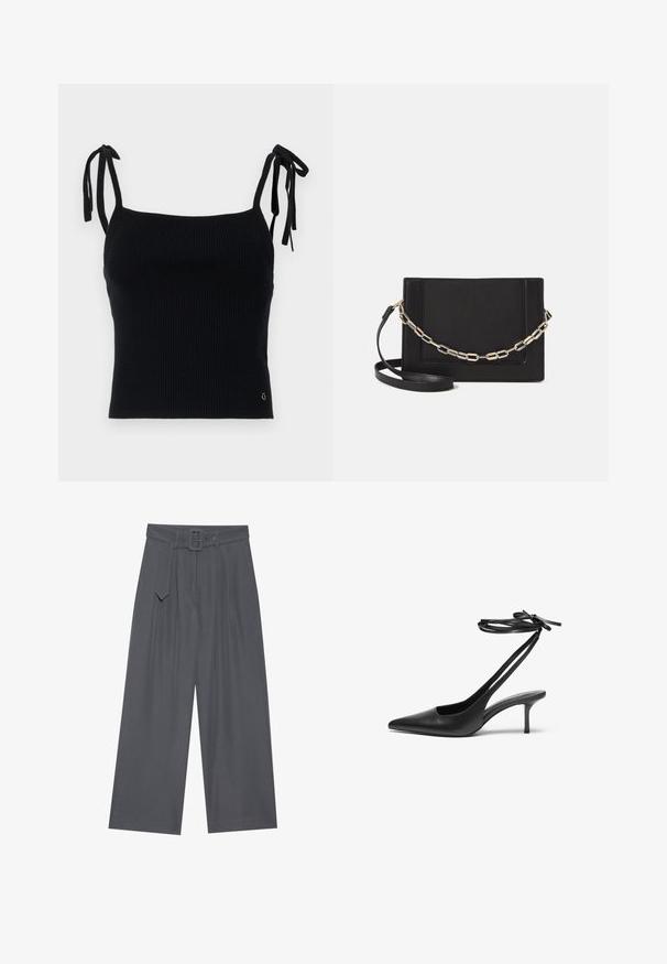 Zwarte geribbelde crop top met verstelbare strikbanden. Gladde textuur, aangesloten ontwerp en subtiel logo-detail rechts onderaan.; Wijde broek van donkergrijze stof met een ceintuur in de taille, voorzien van voorplooien en een gladde textuur. Geen extra patronen of accenten.; Zwarte leren stiletto-schoen met een spitse neus, open achterkant en enkelschoentjes die in een strik zijn geknoopt. Slanke 3-inch hak. Glad textuur, minimalistisch ontwerp.; Zwarte leren schoudertas met een gladde textuur, rechthoekige vorm en een metallic kettingdetail aan de voorkant. Verstelbare schouderband inbegrepen.