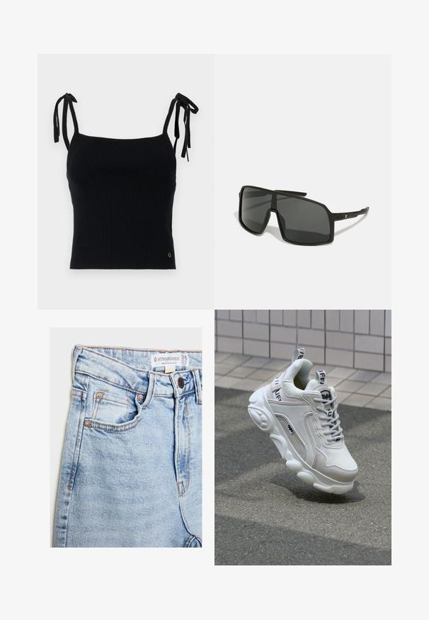 Černý žebrovaný krátký top s nastavitelnými šňůrkami na ramínkách. Hladká textura, přiléhavý střih a decentní logo na dolním pravém rohu.; Světle modré džíny z denimu s vysokým pasem, pěti kapsami, hardwarem v měděném tónu a jemným vyblednutím, s etiketou na pásku.; Bílé tenisky vyrobené z textilního a koženého materiálu, s kulatou špičkou, silnou podrážkou, výraznými šňůrkami a logem na patě a jazyku.; Černé sluneční brýle s velkým, hranatým rámem, tmavými skly a tenkými, elegantními rameny s malým logem na jedné straně.