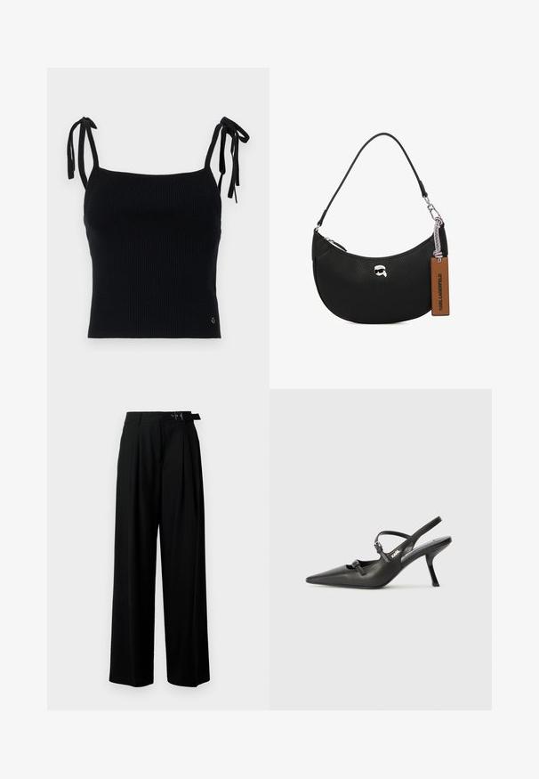 Must valge ribaga lühike topp reguleeritavate sidumisrihmadega. Sile tekstuur, tihe lõige ja diskreetne logo detail all paremal.; Mustad kõrge vöökohaga mustad laiad püksid, millel on ees voldid ja vöö, millel on pandla. Valmistatud siledast ja kergest kangast.; Must musta slingback kontsad, terava nina, peenike konts ja dekoratiivne pandla detail peal. Sile tekstuur ja stiilne disain.; Musta nahk kott, millel on krobeline tekstuur, kõver kuju, ülemine tõmblukk, hõbedased detailid ja pruun silt. Omab logo aksenti.