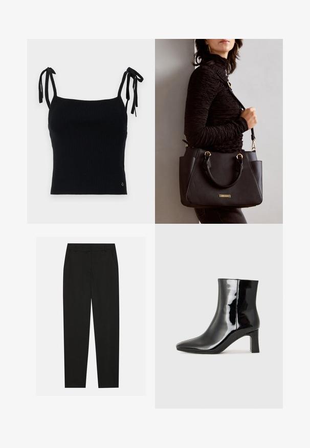 Black ribbed crop top with adjustable tie straps. Smooth texture, fitted design, and subtle logo detail on the bottom right.; Black trousers with a tailored design, featuring side pockets and a straight leg. Made from smooth, lightweight fabric with a sleek finish.; Black patent leather ankle boot with a pointed toe and a mid-height block heel. Smooth texture and minimalist design.; Black handbag with textured surface, dual top handles, and adjustable shoulder strap. Features gold-tone hardware and side pockets.