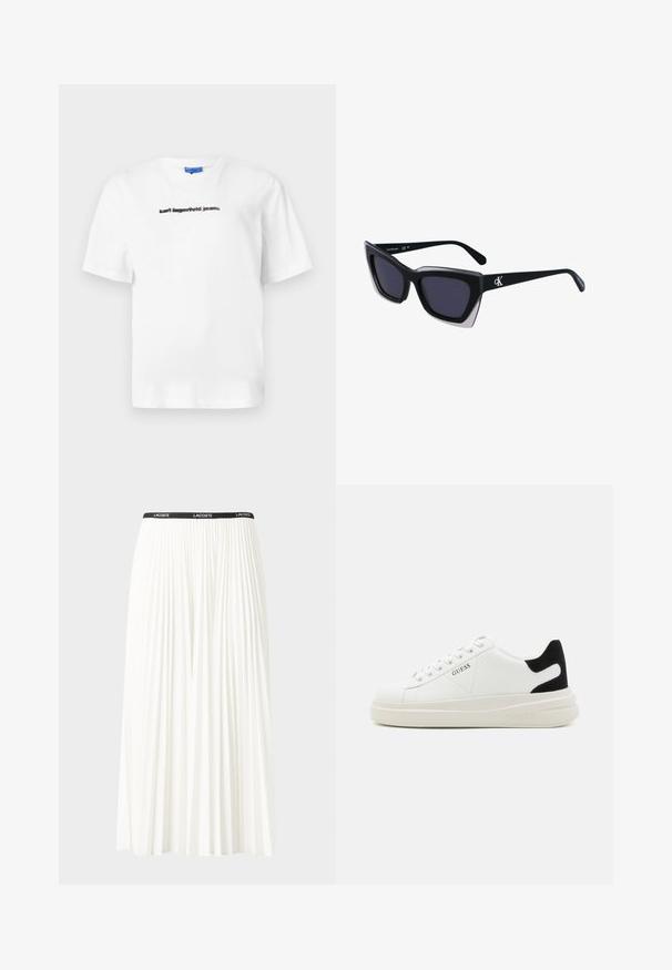 Balta kokvilnas T-krekls ar apaļu kakla izgriezumu un īsām piedurknēm. Priekšpusē ir melnā krāsā drukāts teksts: "karl lagerfeld jeans." Gluda faktūra.; Gari plānas baltas svārku ar melnu elastīgu jostu, uz kuras redzams "LACOSTE" logo. Vidēja garuma dizains ar mīkstu tekstūru.; Baltas ādas sporta apavi ar biezu balto zoli, melna zamša uzpura un izspiestais logotips sānos. Šņorējuma dizains ar sešiem acu caurumiem.; Melni pārmēru saulesbrilles ar ģeometrisku formu, kas aprīkotas ar tumšiem stikliem un kontrastējošu pelēku akcentu uz rāmja. Logo uz kājas.