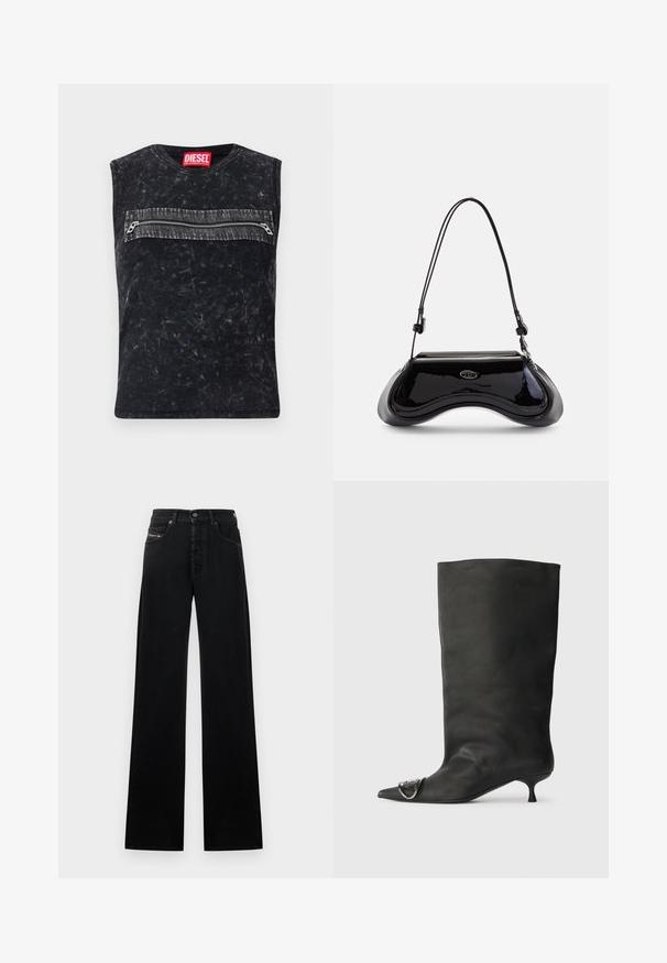 Czarny bezrękawnik z okrągłym dekoltem, z przednią kieszenią na zamek błyskawiczny z szarym wykończeniem, wykonany z fakturowanej tkaniny o poszarpanym wykończeniu.; Czarne szerokie jeansy z denimu, z przodu zapięcie na guziki, pięć kieszeni oraz mała naszywka z logo na pasku w talii.; Czarne skórzane botki za kostkę z szpiczastym noskiem, małym obcasem i metalicznym akcentem na nosku. Gładka, matowa faktura na całej powierzchni.; Diesel PLAY czarny
