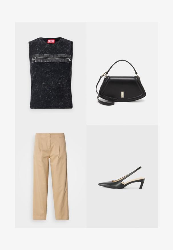 Μαύρο αμάνικο τοπ με λαιμόκοψη σε σχήμα κύκλου, διαθέτει μπροστινή τσέπη με φερμουάρ και γκρι περιθώριο, κατασκευασμένο από υφή υφάσματος με φθαρμένη όψη.; Μπέζ βαμβακερό παντελόνι με χαλαρή εφαρμογή, διαθέτοντας δύο πτυχές μπροστά, ίσια γραμμή και κλασικό κούμπωμα με κουμπί στη μέση.; Μαύρο παπούτσι slingback με αιχμηρή μύτη και χαμηλό τακούνι, κατασκευασμένο από λείο δέρμα με σχέδιο κοπής στη πλευρά για αερισμό.; Μαύρη δερμάτινη τσάντα με δομημένο σχέδιο, που διαθέτει κομμένο σχήμα, επάνω λαβή και χρυσά μεταλλικά στοιχεία. Περιλαμβάνει ρυθμιζόμενο λουρί ώμου.