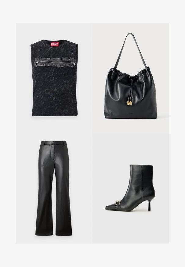 Fekete ujjatlan felső, kerek nyakkivágással, elülső cipzáras zsebbel, szürke díszítéssel, textúrált anyagból készült, borongós hatással.; Fekete bőr nadrág sima textúrával, széles lábakkal, közepes derékkal, övhurkokkal és elülső zsebekkel.; Fekete bőr bokacsizma hegyes orral, vékony közép magasságú sarokkal és ezüst csattal az oldalon, sima háttér előtt.; Fekete bőr húzózsinóros táska sima felülettel, összegyűjtött tetejével és diszkrét arany kiegészítőkkel. Egyetlen strapabíró pánttal és dombornyomott logóval rendelkezik.