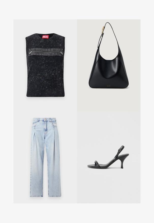Black sleeveless top with a crew neck, featuring a front zip pocket with gray trim, made from textured fabric with a distressed finish.; Light blue denim jeans with a high waist, wide-leg cut, two side pockets, and pleated design feature. Soft texture with a faded finish.; Black leather high-heeled sandals with a slim, curved heel and a crossed strap design. Adjustable ankle strap. Smooth texture.; Black leather shoulder bag with a smooth texture, curved silhouette, and a gold hardware accent. Features embossed brand logo at the base.