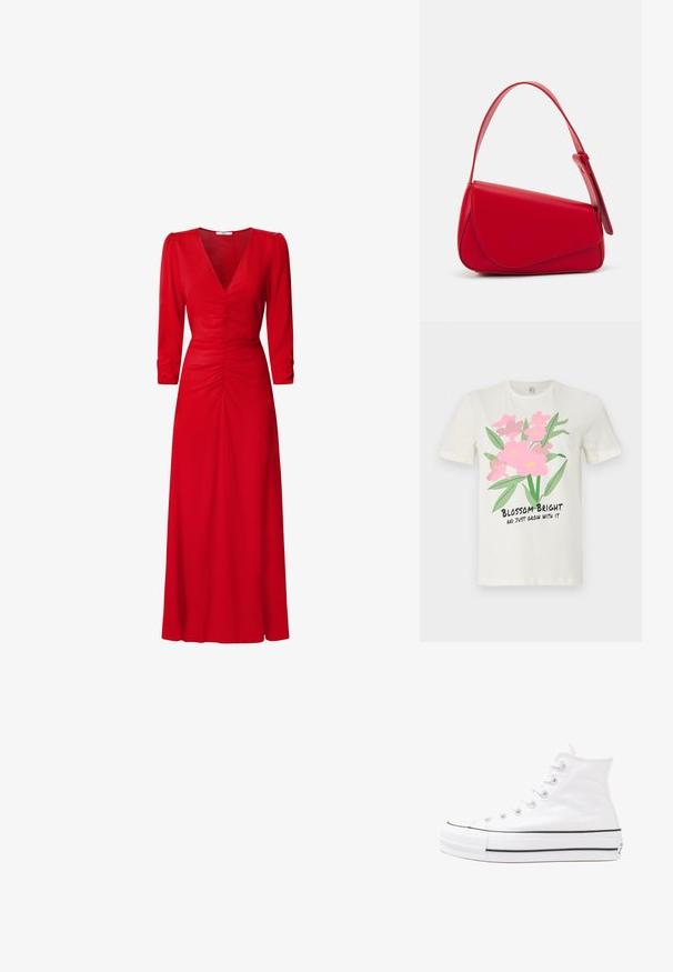Tricou din bumbac crem, cu mâneci scurte, decorat cu un grafic cu flori roz. Textul de dedesubt spune "Înflorește vibrant și crește cu aceasta."; Rochie roșie cu decolteu în V, mâneci trei sferturi și detalii pliate la talie și spate. Materialul pare neted și ușor.; Adidași albi tip pantofi sport cu glezna din pânză, cu talpă din cauciuc negru, capac de vârf din cauciuc frontal și șase ochiuri pentru șireturi, având un design curat și minimalist.; Geantă de mână din piele roșie, cu un design unghiular și geometric. Dispune de o singură curea ajustabilă și un sistem de închidere cu clapetă, cu detalii cusute.