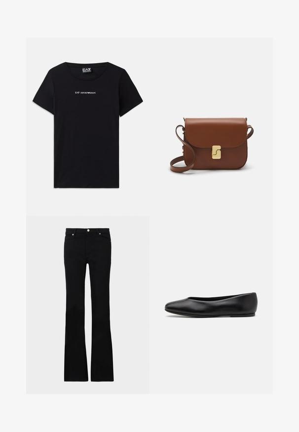 Musta lyhythihainen T-paita, joka on valmistettu puuvillasta ja jossa on valkoisilla kirjainmerkeillä "EA7 Emporio Armani" -logo rinnassa. Pyöreä pääntie.; Mustat levenevät farkut, valmistettu denimi- materiaalista, varustettu kahdella etutaskulla, napin sulkimella ja sileällä pinnalla. Alussa näkyviä erityisompeleita.; Paul Smith TOPANGA - Ballerinat - black; Ruskea nahkainen käsilaukku, jossa on läppäkiinnitys, kultasävyiset yksityiskohdat, olkahihna ja sileä pinta. Kompaktin suorakaiteen muotoinen.