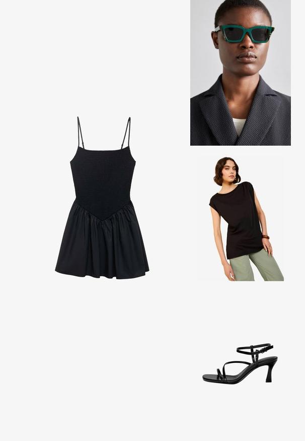 Črna kratkosleeva majica z udobnim krojem in okroglim izrezom, v kombinaciji s svetlo zelenimi hlačami širokega kroja. Gladka tkanina z minimalnim dizajnom.; Črna obleka z nabranim bodičem in nastavljivimi naramnicami. Krilo je naberanega videza, kar ustvarja široko obliko. Gladka tekstura skozi celotno obleko.; Črne usnjene sandale s peto, ki imajo tanke trakove, kvadratni nos in stileto peto. Nastavljiv gleženjski trak za prilagajanje. Gladka tekstura.; Zelena in vzorčasta sončna očala z geometrijskim okvirjem; temna leča; model nosi teksturiran črn blazer čez svetlo majico.; Črna sintetična torba za ramo s ukrivljeno silhueto, teksturirano površino, zlatim trikotnim logotipom in odstranljivimi dodatki.