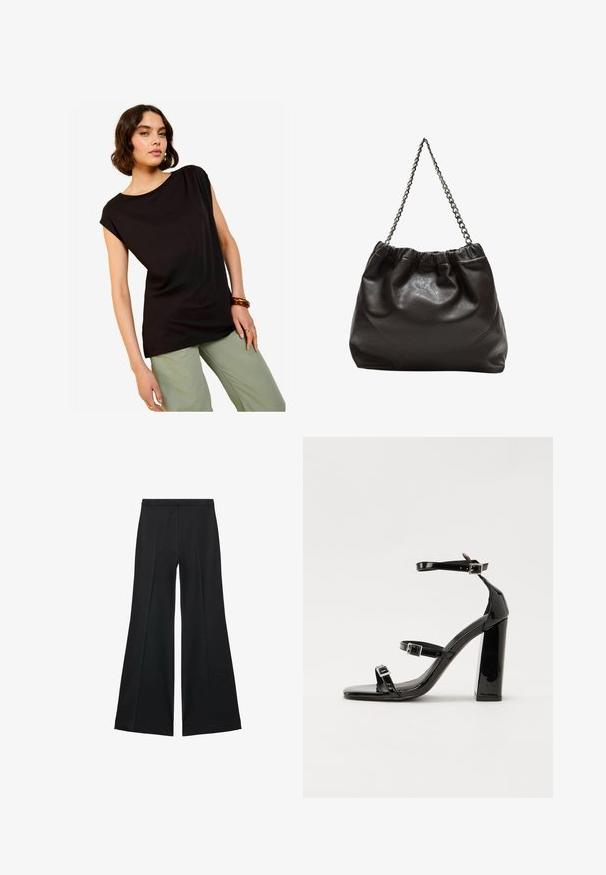 Sort kortærmet top med en afslappet pasform og rund halsudskæring, parret med lysegrønne bukser med vide ben. Glat stof med minimalistisk design.; Sorte brede bukser med en glat tekstur, der har fremadrettede folder og en skræddersyet design. Stofferne er lette og flerdimensionelle.; Sorte patenterede hælsandaler med firkantet tå, ankelremme og sølvspænder. Har en chunky blokHæl for stabilitet.; Brun lædertaske med en rynket top og en kædestrop. Glat tekstur med en blank finish og subtile sømdetaljer på siderne.