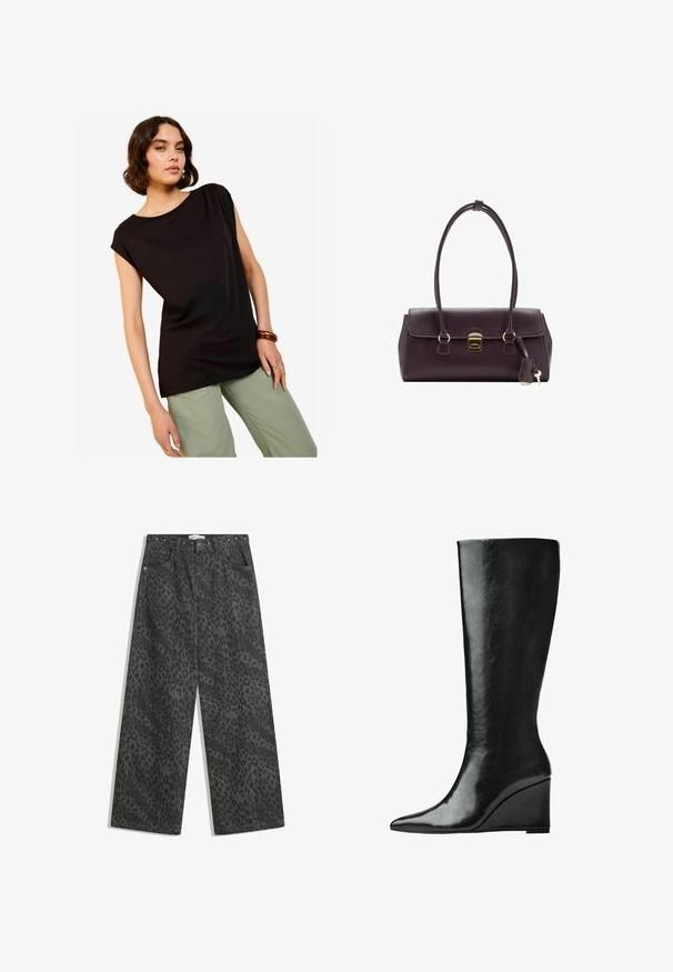Černý krátký rukávový top s volným střihem a kulatým výstřihem, spárovaný s světle zelenými širokými kalhotami. Hladká látka s minimálním designem.; Černé džínové kalhoty s širokými nohavicemi, které mají jemný vzor leopardí srsti, kovové hroty na pásku a klasický design s pěti kapsami.; Černé kožené boty do půlky lýtek s úzkou, špičatou špičkou a klínovým podpatkem. Povrch je hladký s lesklým finišem.; Burgundská kožená kabelka se strukturovaným designem, krátkými uchy, zlatým obdélníkovým západkovým uzávěrem a odnímatelným střapcem jako akcentem.