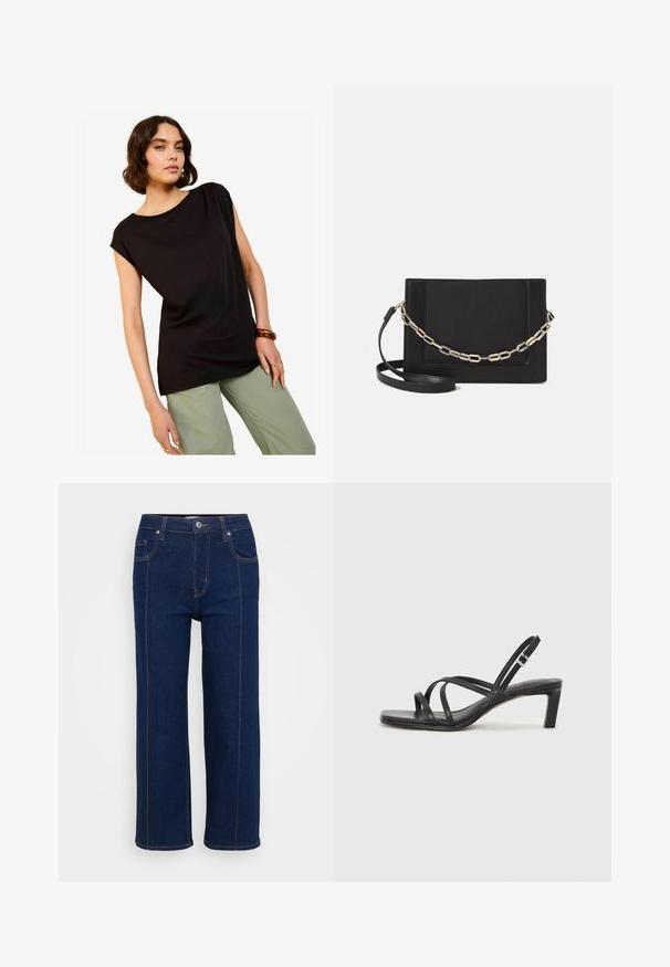 Melna īsu piedurkņu blūze ar brīvu piegriezumu un apaļu kakla izgriezumu, apvienota ar gaiši zaļām platām biksēm. Gluda auduma ar minimālu dizainu.; Tumši zili taisni džinsi ar pogu aizdari, priekšējām un aizmugurējām kabatām, kā arī redzamām oranžām šuvēm.; Melnas strappy sandales ar kvadrātveida purngaliem un zemu bloku papēdi. Ievērojamas ar vairākiem plāniem siksniņām un regulējamu potītes siksniņu. Izgatavotas no gludas ādas.; Melna ādas crossbody soma ar gludu faktūru, taisnstūrveida formu un metalizētu ķēdes detaļu priekšā. Iekļauta regulējama siksna.