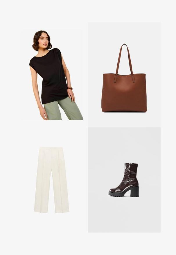 Top negru cu maneci scurte, cu o croială relaxată și guler rotund, asociat cu pantaloni largi de culoare verde deschis. Țesătură netedă cu un design minim.; Pantaloni cu picioare largi, de culoare crem deschis. Realizați dintr-un material neted, cu plisuri în față și buzunare laterale.; Botine lucioase burgundy, cu toc gros negru, având o textură netedă și un design simplu. Fără închideri sau modele vizibile.; Geantă de umăr din piele maro cu o textură netedă, design cu vârf deschis și două curele pentru umăr. Prezintă cusături minime și fără componente metalice vizibile.