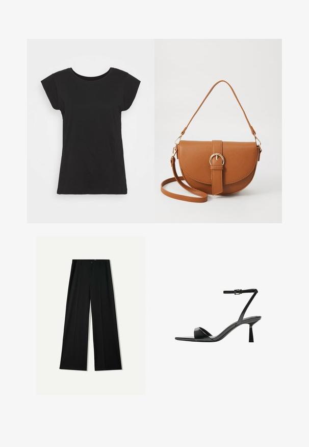 Svart bomulls t-shirt med korta ärmar, rund halsringning och avslappnad passform. Slät textur utan synliga mönster eller detaljer.; Bershka WIDE - Tygbyxor - black; Bershka Sandaletter - black; Brun läder crossbody-väska med en böjd form, gyllene detaljer och en spänneaccent. Har en avtagbar axelrem.