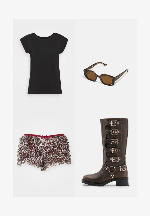 Černé bavlněné tričko s krátkými rukávy ve tvaru kápě, kulatým výstřihem a volným střihem. Hladká textura bez viditelných vzorů nebo akcentů.; Květinové šortky s leopardím potiskem a vrstvenými volány, se červeným krajkovým pasem a malou mašlí na přední straně.; Steve Madden BATTLE - Kovbojské/motorkářské kozačky - brown; Sluneční brýle ve skořápce želvy s kulatým, širokým rámem a hnědými čočkami. Mají jemné vzory a rovné, zúžené stranice.; Černá kožená kabelka se zlatými detaily, nabízí dvojité horní úchyty a dekorativní logo popruh. Texturovaný povrch a strukturovaný design.