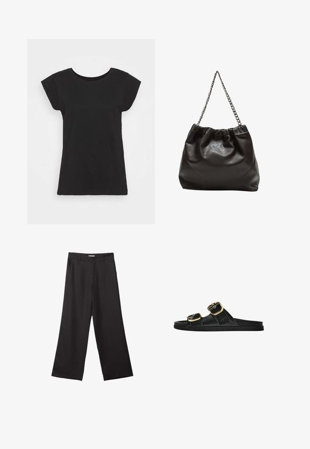 Czarny bawełniany T-shirt z krótkimi rękawami typu cap, okrągłym dekoltem i luźnym krojem. Gładka faktura bez widocznych wzorów czy akcentów.; Czarne spodnie z szerokimi nogawkami, wykonane z gładkiego materiału, z przednim zamkiem błyskawicznym i dwoma bocznymi kieszeniami, o dopasowanym kroju i minimalistycznym wzornictwie.; Czarne klapki z dwoma złotymi klamrami, gładki materiał, płaska podeszwa i minimalistyczny design.; Brązowa skórzana torba z marszczonym szczytem i łańcuszkowym paskiem. Gładka tekstura z błyszczącym wykończeniem i subtelnymi detalami szwów po bokach.