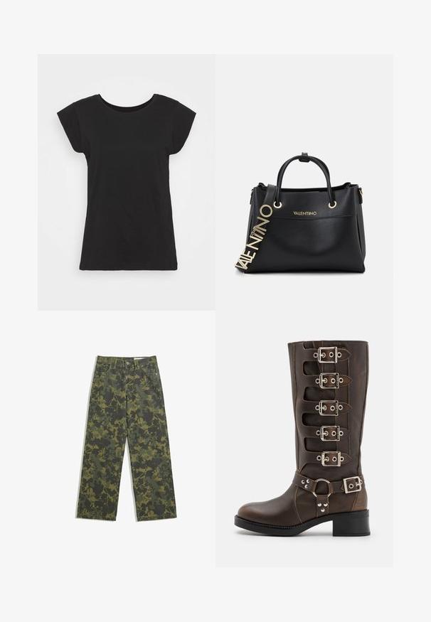 Zwarte katoenen t-shirt met korte capmouwen, ronde halslijn en een ontspannen pasvorm. Glad textiel zonder zichtbare patronen of accenten.; Camouflage wijdvallende broek in donkergroen en olijfgroen, met een bladerenpatroon. Gemaakt van katoen met een klassiek vijfzakkenontwerp en knoopsluiting.; Steve Madden BATTLE - Cowboy-/Bikerlaarzen - brown; Zwarte leren handtas met gouden hardware, voorzien van dubbele bovenhandvatten en een decoratieve logo strap. Gelaagd oppervlak en gestructureerd ontwerp.