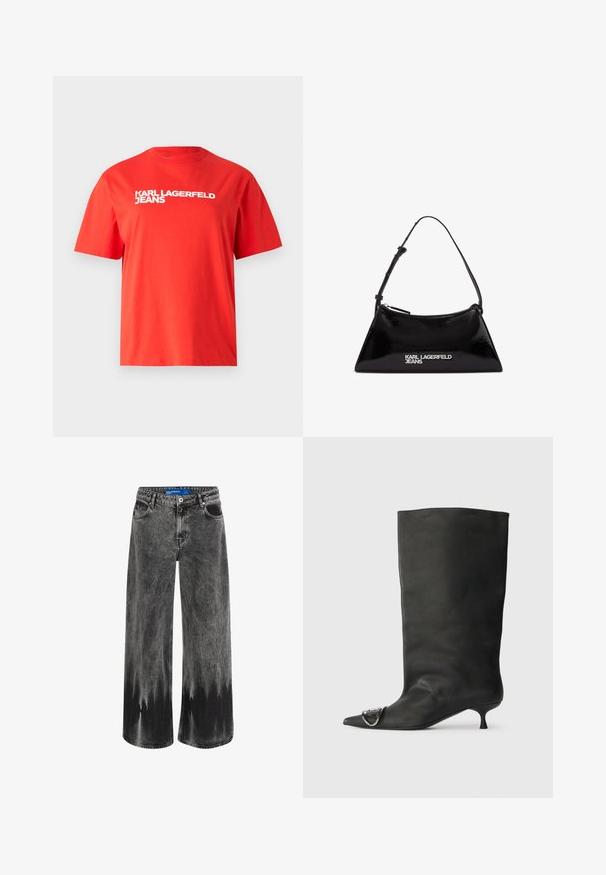 Punainen puuvillainen t-paita, jossa on lyhyet hihat ja pyöreä kaula-aukko. Edessä on valkoinen teksti "KARL LAGERFELD JEANS" rohkealla fontilla.; Potkulottuvat farkut haalistuneesta mustasta denimestä, joissa on dip-dye -efekti, teräksiset yksityiskohdat ja klassinen viiden taskun muotoilu yhdessä vakiovyötärön kanssa.; Musta nahkainen nilkkabootsi, jossa on terävä kärki, pieni korko ja metallinen korostus kärjessä. Pehmeä, mattapintainen rakenne kauttaaltaan.; Mustan kiiltävän nahkan käsilaukku kolmion muotoisena, varustettuna ylhäältä avattavalla vetoketjulla ja säädettävällä hihnalla. "KARL LAGERFELD JEANS" -logo hopeisena.