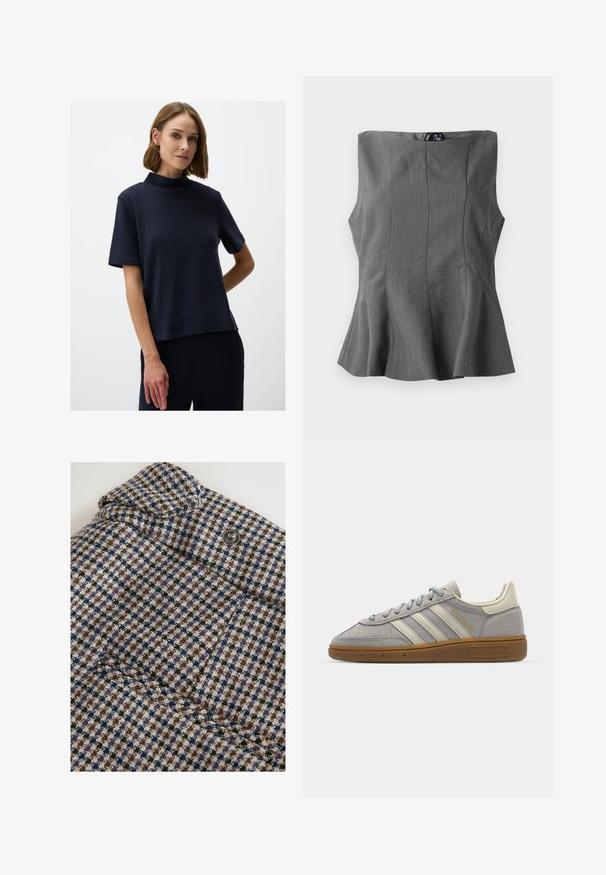 Navyblauwe top met korte mouwen en een opstaande kraag, gemaakt van textuurstof, met een ontspannen pasvorm en rechte zoom. Eenvoudig ontwerp zonder patronen.; Grijze peplum top met een gestructureerd, mouwloos ontwerp. Gemaakt van een gladde stof, met verticale naden en een rechte halslijn.; Next REGULAR FIT - CHECK BARREL TAILORED - Broek - brown; Grijze suède sneakers met lichtgrijze leren strepen en een gomrubberen zool. Kenmerken zijn een vetersluiting en subtiele branding op de tong.