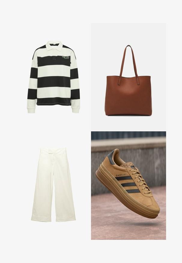 Polo w czarno-białe paski z długim rękawem, z kołnierzykiem i haftowanym zielonym napisem. Miękka tkanina z prążkowanymi mankietami i dołem.; Szerokie spodnie w miękkim, kremowym materiale. Posiadają płaski pas i podwinięte mankiety. Gładka tekstura z czystym, minimalistycznym wzornictwem.; Beżowe zamszowe sneakersy o gładkiej fakturze, z trzema ciemnymi paskami, zaokrąglonym noskiem i grubszą podeszwą z wzorzystym wykończeniem.; Brązowa skórzana torba tote o gładkiej fakturze, z otwartym wierzchem i dwoma ramiączkami. Charakteryzuje się minimalnym przeszyciem i brakiem widocznych elementów metalowych.