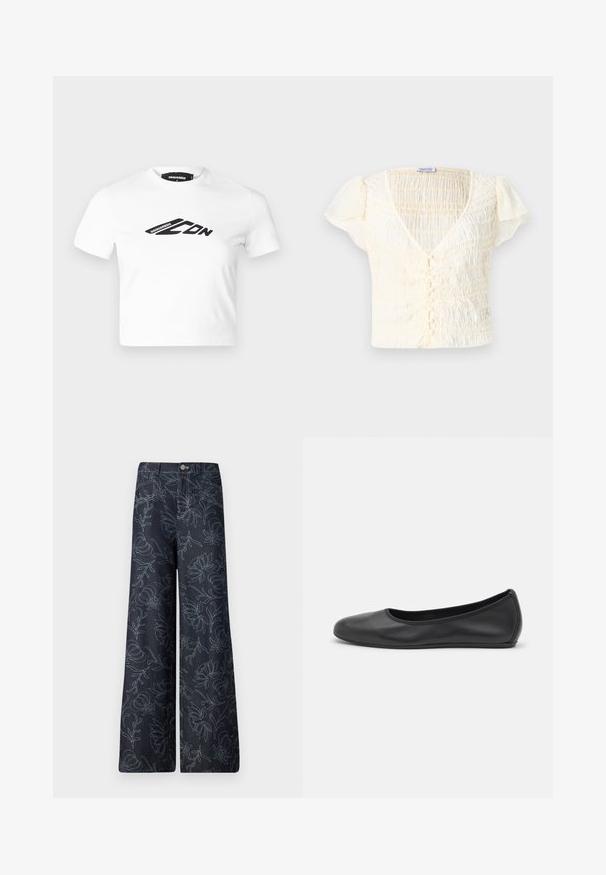 Biely skrátený tričko z bavlny, s čiernym grafickým logom na prednej strane. Okrúhly výstrih a krátke rukávy. Hladká textúra.; Krémovo sfarbený top s krátkym rukávom so smockovanou textúrou, V-krkom a gombíkovým uzáverom. Ľahký materiál s jemne pufovanými rukávmi.; Tmavé džínsové nohavice so širokými nohavicami, na ktorých je vyšitý kvetinový vzor v svetlom modrom odtieni. Klasický dizajn s piatimi vreckami a zapínaním na prednej strane.; Čierne kožené baleríny s okrúhlou špičkou, hladkým povrchom, minimálnym prešívaním a flexibilným dizajnom podrážky.