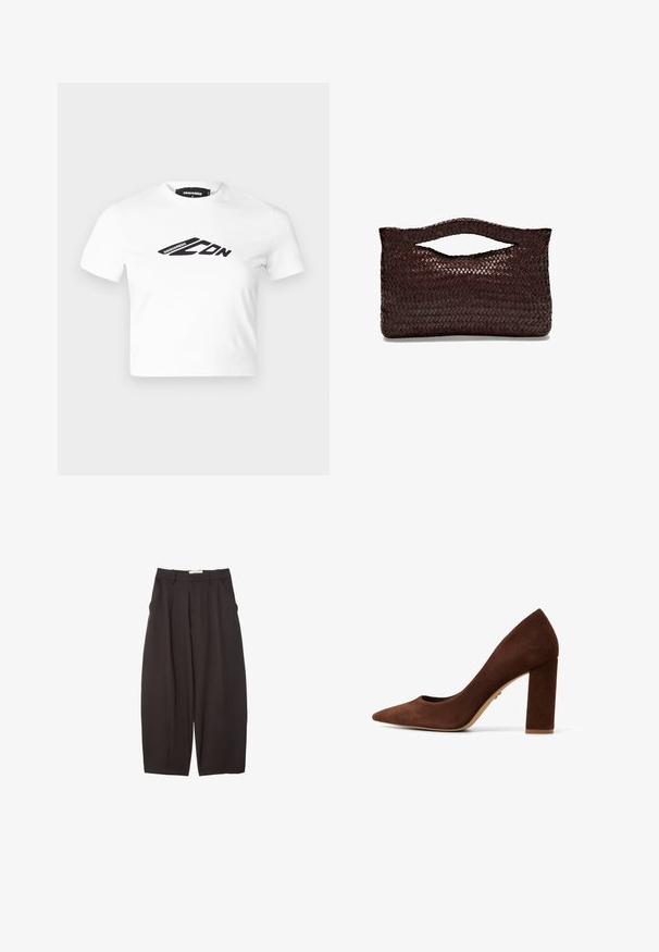 White cropped t-shirt made of cotton, featuring a black graphic logo on the front. Round neckline and short sleeves. Smooth texture.; Black wide-leg trousers made from a smooth fabric, featuring a high waist, front pleats, and side pockets. Simple design without embellishments.; Brown suede high heels with a pointed toe and a wide block heel. Smooth texture and minimalistic design. No visible hardware or patterns.; Woven brown leather handbag with a rounded top handle and an open silhouette, featuring a textured surface and sleek, minimalist design.