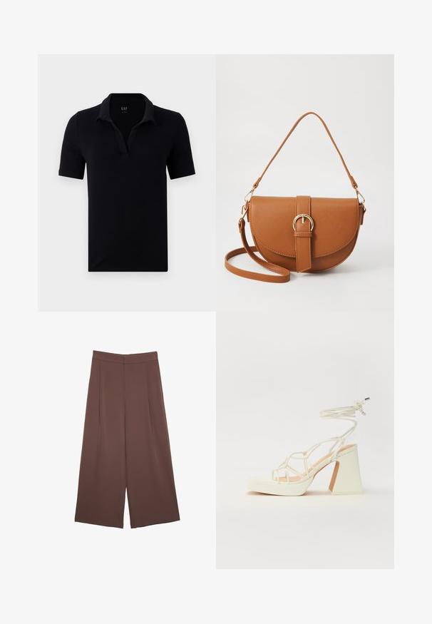 Černé polo tričko z bavlny, s měkkým límcem, krátkými rukávy a výstřihem do V, bez dalších vzorů nebo akcentů.; Hnědé široké kalhoty s hladkou texturou, vysokým pasem a předními záhyby. Materiál je lehký a volně splývá.; Bílé sandály na vysokém podpatku s robustním podpatkem, s designem s pásky a zavazováním kolem kotníku. Hladký povrch s platformou vpředu pro zvýšení výšky.; Hnědá kožená křížová taška s zakřiveným tvarem, zlatými detaily a akcentem s přezkou. Obsahuje odnímatelný popruh na rameno.