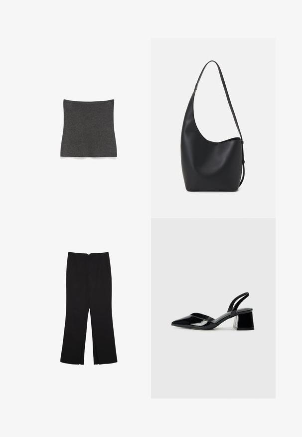 Dunkelgrauer gerippter Strick-Nackenwärmer oder -Gamasche flach auf einem weißen Hintergrund ausgelegt.; Schwarze Hose mit geradem Schnitt, ausgestattet mit Fronttaschen und Seitenschlitzen am Saum. Hergestellt aus weichem, glattem Stoff. Geeignet für verschiedene Anlässe.; Schwarze Lackleder-Slingback-High Heels mit spitzem Schuh und einem geometrischen Blockabsatz. Verfügt über ein schlankes, minimalistisches Design und eine glatte Textur.; Schwarze Leder-Hobo-Tasche mit einer glatten Textur, geschwungener Form und einem einzelnen verstellbaren Tragegurt; verfügt über eine weite Öffnung am oberen Ende.