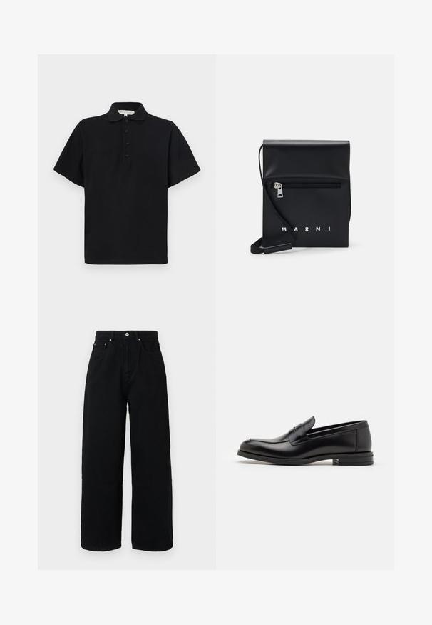 Polo preto com mangas curtas, feito de algodão macio. Apresenta um decote com colarinho e uma lista de quatro botões. Design simples e minimalista.; Calças largas pretas em algodão, com cintura alta, bolsos frontais, botão em tom prateado e bainha limpa.; Mocassins de couro preto com uma textura suave, bico arredondado e uma faixa decorativa sobre o peito do pé. Salto baixo e empilhado, design minimalista.; Bolsa de couro preta a tiracolo com um bolso frontal com fecho, logotipo em relevo e alça ajustável. Textura suave com uma forma estruturada.