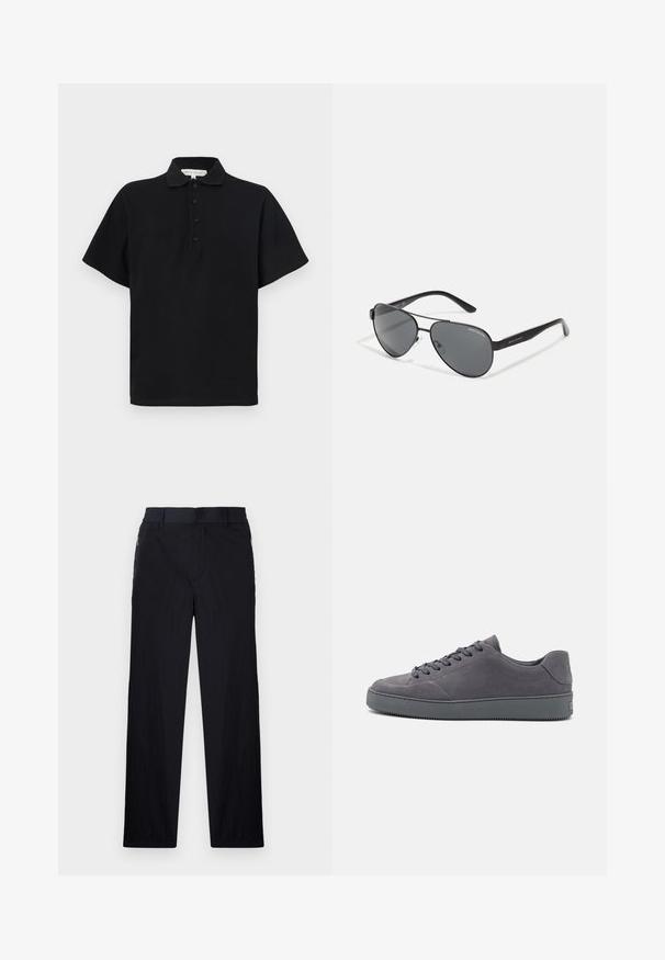 Svart pikétröja med korta ärmar, tillverkad av mjuk bomull. Har en krage och en knappslå med fyra knappar. Enkelt, minimalistiskt design.; Svarta byxor med lätt, texturerad tyg, rak benmodell, elastisk midja och sidofickor med dragkedja.; Grå mockasinsneakers med lågt skaft, rund tå, snörning framtill och strukturerad gummisula. Minimalistisk stil med subtil logotyp på hälen.; Svarta pilotglasögon med mörka linser, tunn metallram och smala plasthandtag med logotypdetaljer.