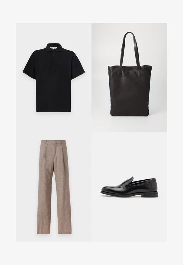 Čierne polo tričko s krátkymi rukávmi, vyrobené z jemnej bavlny. Vybavené golierom a zapínaním na štyri gombíky. Jednoduchý, minimalistický dizajn.; Hnedé, vysoké nohavice vyrobené z texturovanej látky. Majú široké nohavice a dva predné záhyby pre štruktúru. Úhľadné spracovanie bez viditeľného kovania.; Čierne kožené mokasíny s hladkou textúrou, zaoblenou špičkou a dekoračným pásikom cez priehlavok. Nízky vrstvený opätok, minimalistický dizajn.; Čierna plátená taška s čiernymi koženými ušami. Jednoduchý dizajn, priestranné telo a hladká textúra. Žiadne viditeľné logo ani vzory.