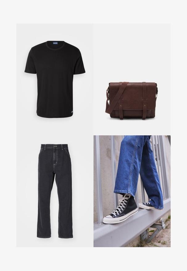 Camiseta preta de manga curta feita de algodão, com decote redondo e uma pequena etiqueta de logotipo na bainha. Textura suave, ajuste regular.; Calças de ganga pretas com corte reto, apresentando um fecho com zíper, cinco bolsos e costuras em contraste ao longo das costuras.; Ténis altos pretos com sola e atacadores brancos, combinados com jeans azul desgastado, repousando sobre um corrimão cinza.; Mala mensageiro de couro castanho com uma aba frontal plana, duas correias, detalhes em metal dourado e uma alça de ombro ajustável.