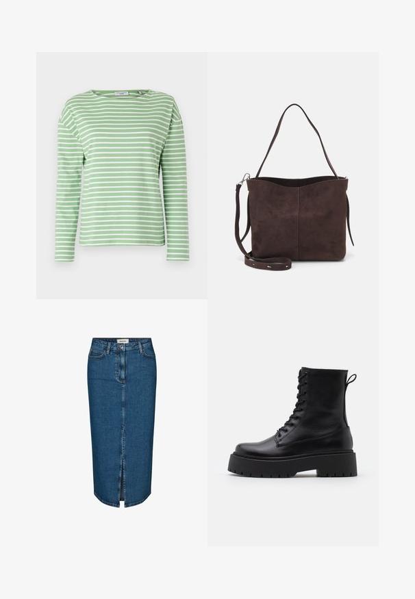 Žaliai ir baltai dryžuota ilgarankovė marškinė su apvaliu kaklu, pagaminta iš minkštos medžiagos, pasižymi laisvu siluetu ir akivaizdžiomis šoninėmis siūlėmis.; Tamsiai mėlyna džinsinė pieštuko sijonas, turintis priekį įpjovą, penkis kišenes ir kontrastingą siuvimą. Vidutinio aukščio liemuo su klasikiniu dizainu.; Juodos odinės aulinukės su apvalia nosimi, raišteliais priekyje ir storesniu guminio pado apačioje su tekstūruotu raštu. Priekyje yra kilputė.; Ruda suede audinė su minkšta tekstūra, turinti vieną petį ir subtilų kreivinį viršutinį atidarymą. Matomų metalinių detalių nėra.