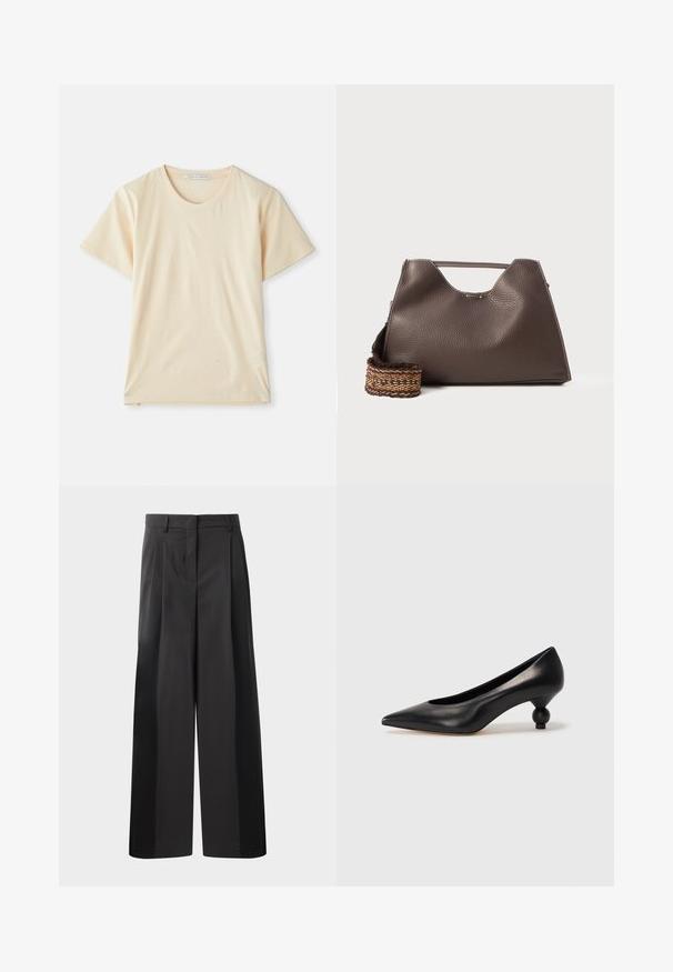 Cremefarvet T-shirt lavet af blødt, letvægts bomuld, med korte ærmer og rund halsudskæring. Ingen synlige mønstre eller detaljer.; Sort brede bukser med høj talje, med folder foran, en glat tekstur og en skræddermæssig finish. Designet til en afslappet pasform.; Sort læder høje hæle med spids tå og rund, kugleformet hæl. Glat tekstur med et stilrent, minimalistisk design.; Brun læder skuldertaske med en tekstureret overflade, vinkelret design og et karakteristisk topgreb. Har et mønstret vævet stropdetalje.